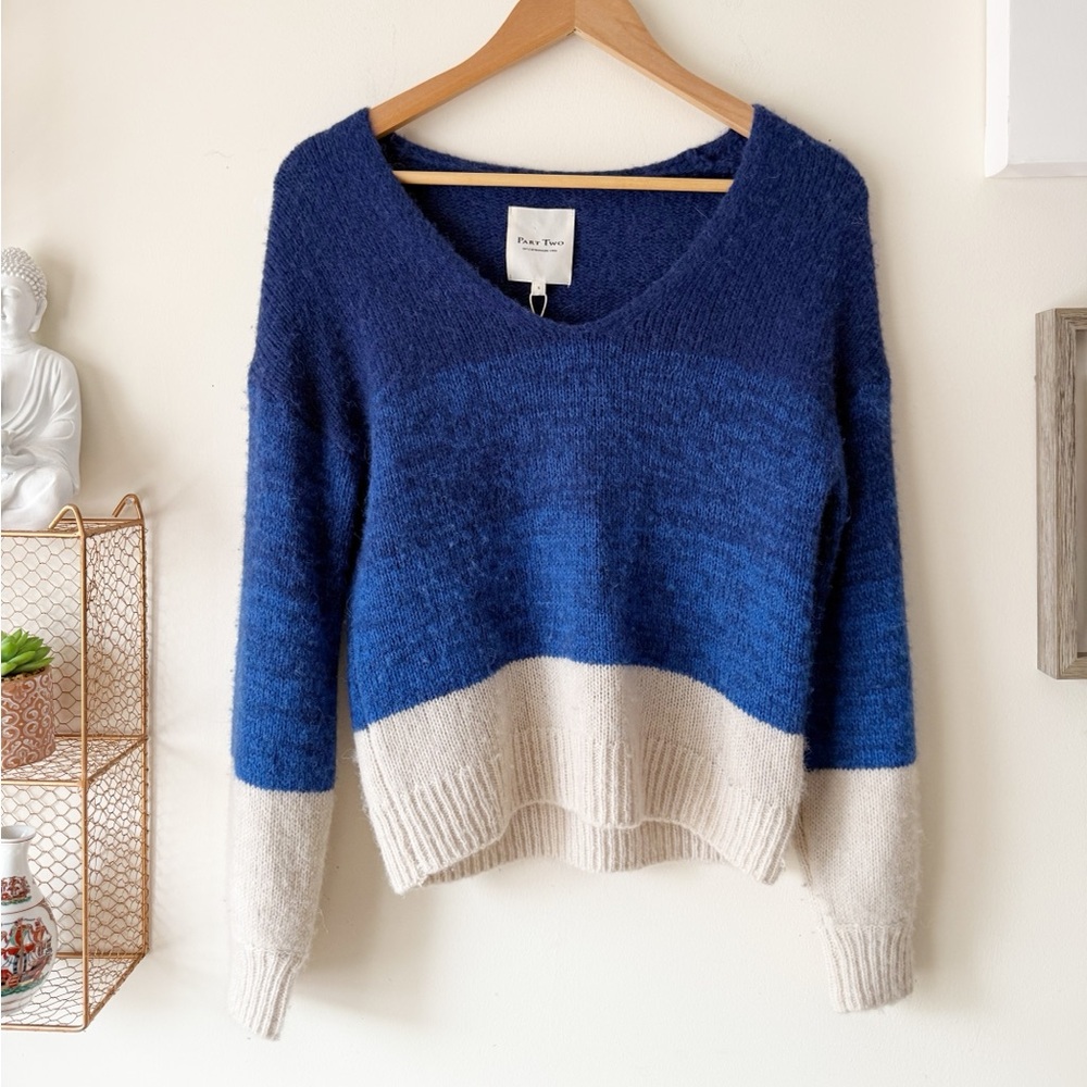 Part Two Raluca Copenhagen Blue Ivory Colorblock Alpaca Wool Blend Sweater Small - Picture 2 of 15